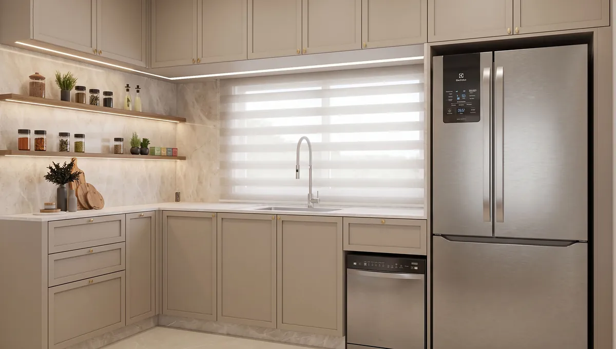 Cozinha Aberta: Bancada com prateleiras iluminadas