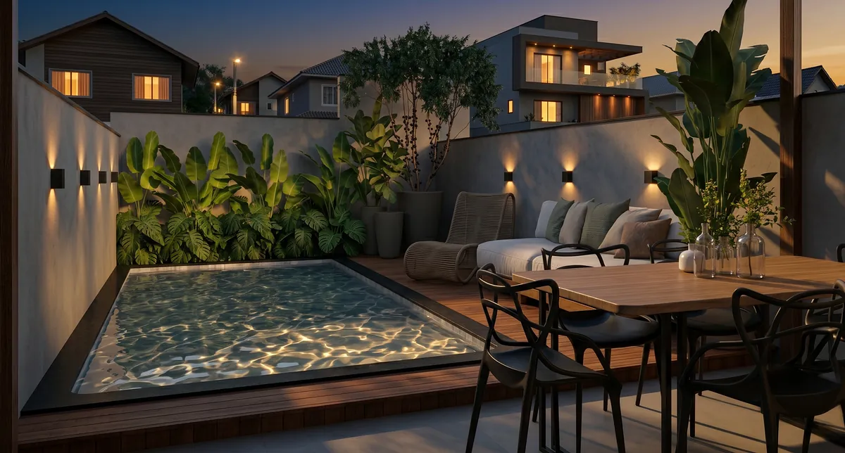 Área de lazer ao entardecer: piscina, deck de madeira, mesa externa e jardim iluminado